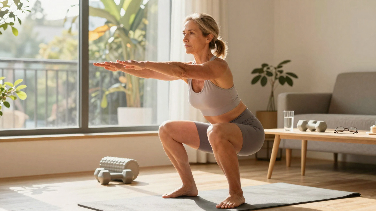Mulher a fazer agachamento em tapete de exercício numa sala iluminada com halteres e rolo de espuma ao fundo.