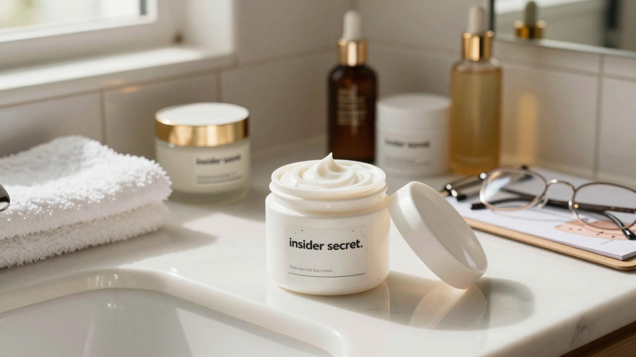 Frasco aberto de creme facial "insider secret" numa bancada de casa de banho com toalhas e óculos.