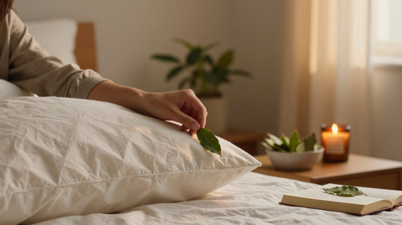 Pessoa a dormir numa cama com folhas e uma vela acesa numa mesa ao lado, num ambiente tranquilo.