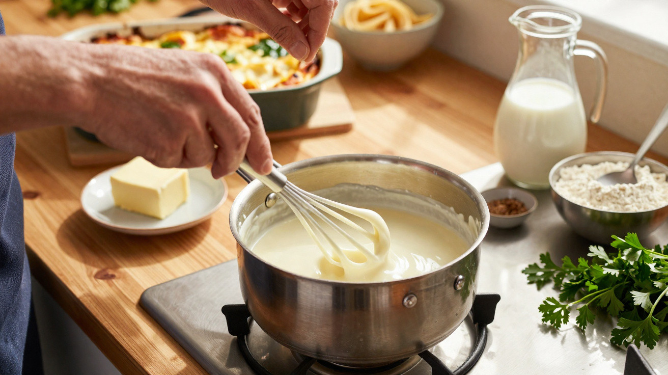 Mãos mexem molho branco numa panela no fogão, com ingredientes como manteiga, leite, farinha e salsa à volta.