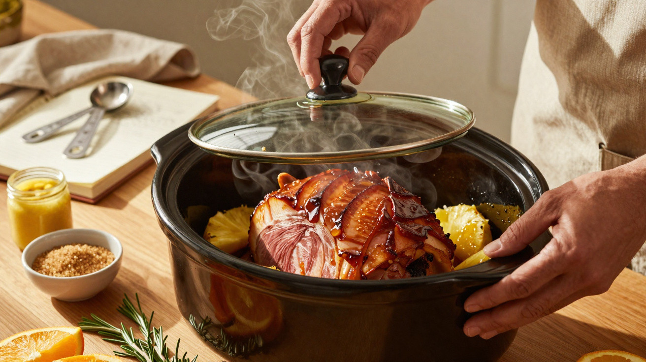 Mãos a levantar tampa de panela com pernil assado fumegante e acompanhamentos na cozinha.