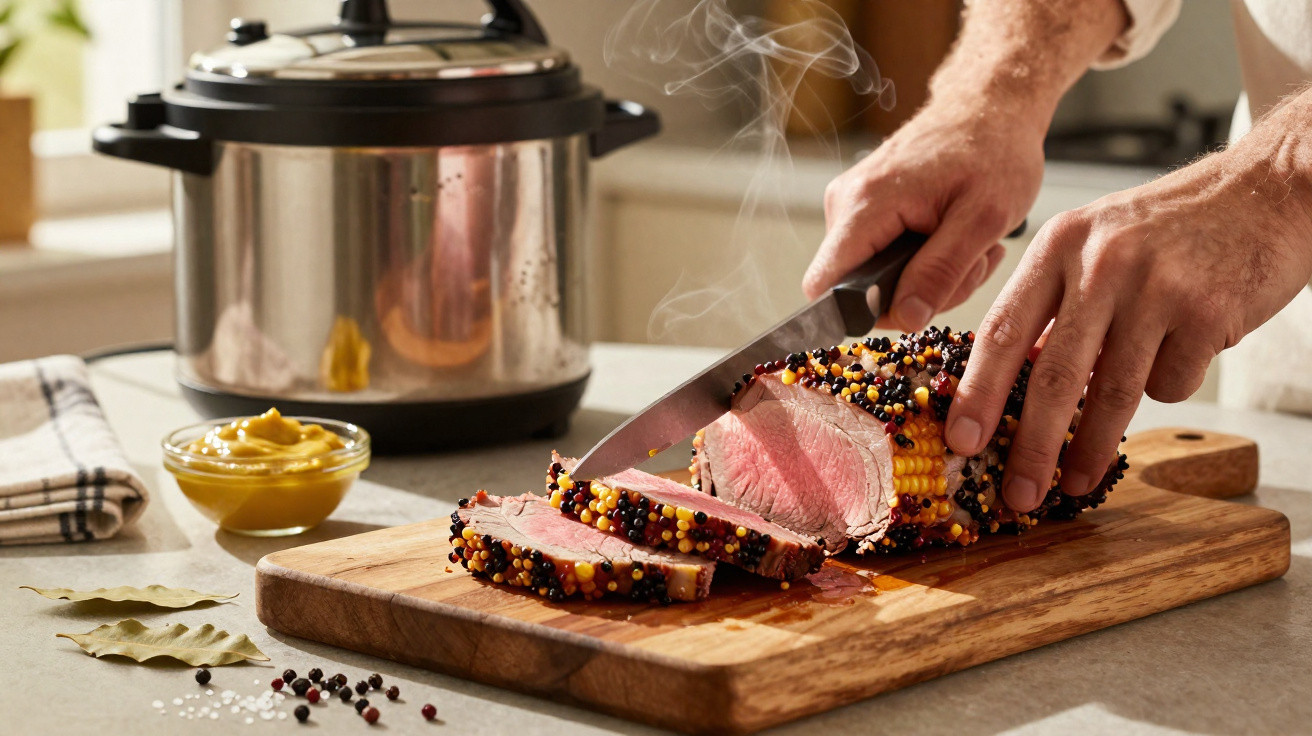 Mãos cortam carne assada com crosta de especiarias e milho num tabuleiro de madeira na cozinha.