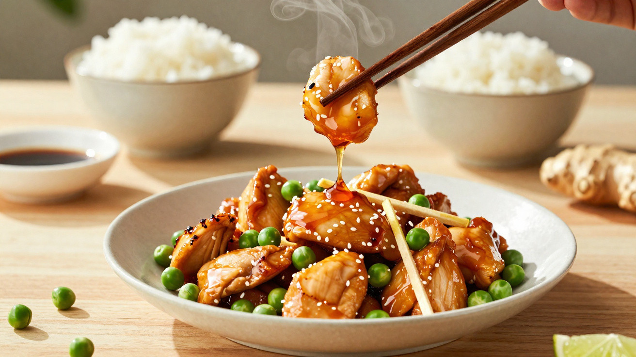 Prato de frango teriyaki com ervilhas, arroz e molho, com pauzinhos a segurar um pedaço fumegante.