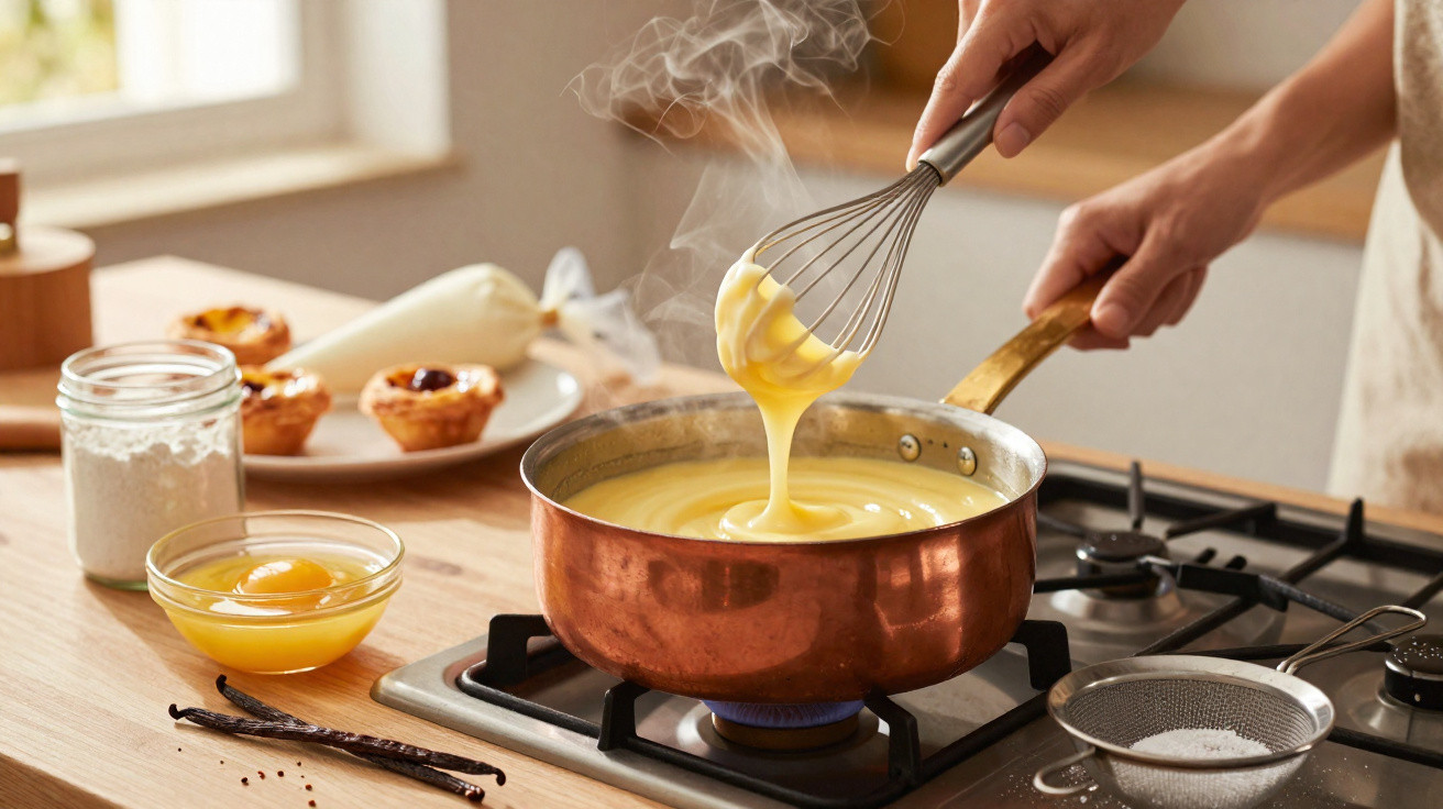 Maçã mexendo creme amarelo quente numa panela de cobre sobre fogão a gás numa cozinha iluminada.