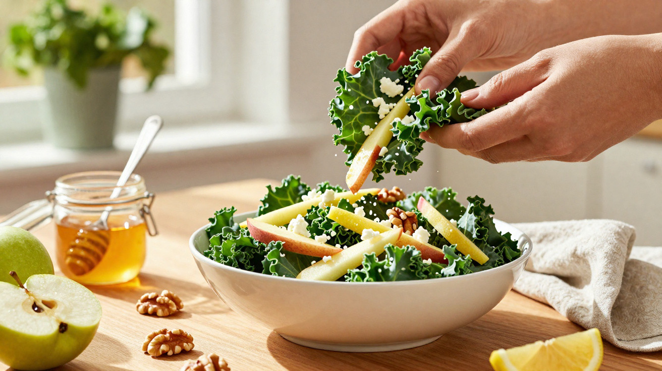 Mãos a preparar salada com couve, fatias de maçã, queijo e nozes numa tigela branca sobre mesa de madeira.