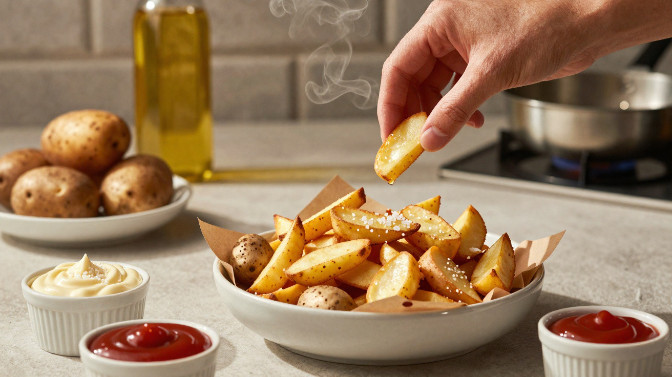 Mão a pegar batata frita fumegante com sal grosso, acompanhada por maionese e ketchup numa mesa.