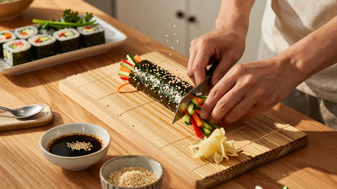 Pessoa a cortar sushi vegetariano com legumes em tapete de madeira, com molhos e sementes ao lado.