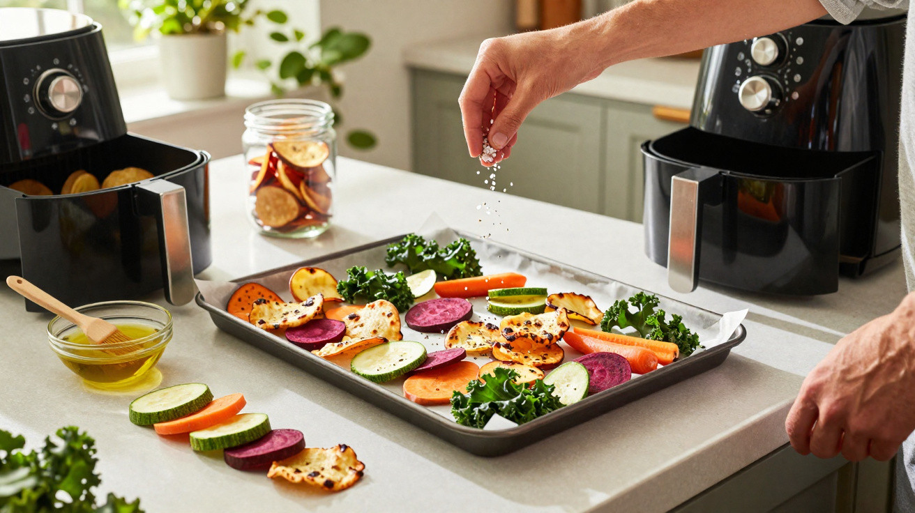 Pessoa a temperar legumes variados numa assadeira para fritadeira sem óleo numa cozinha moderna.