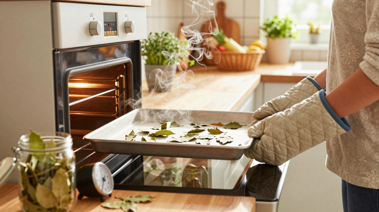 Pessoa a retirar folha de louro fumegante do forno numa cozinha luminosa, usando luvas térmicas.