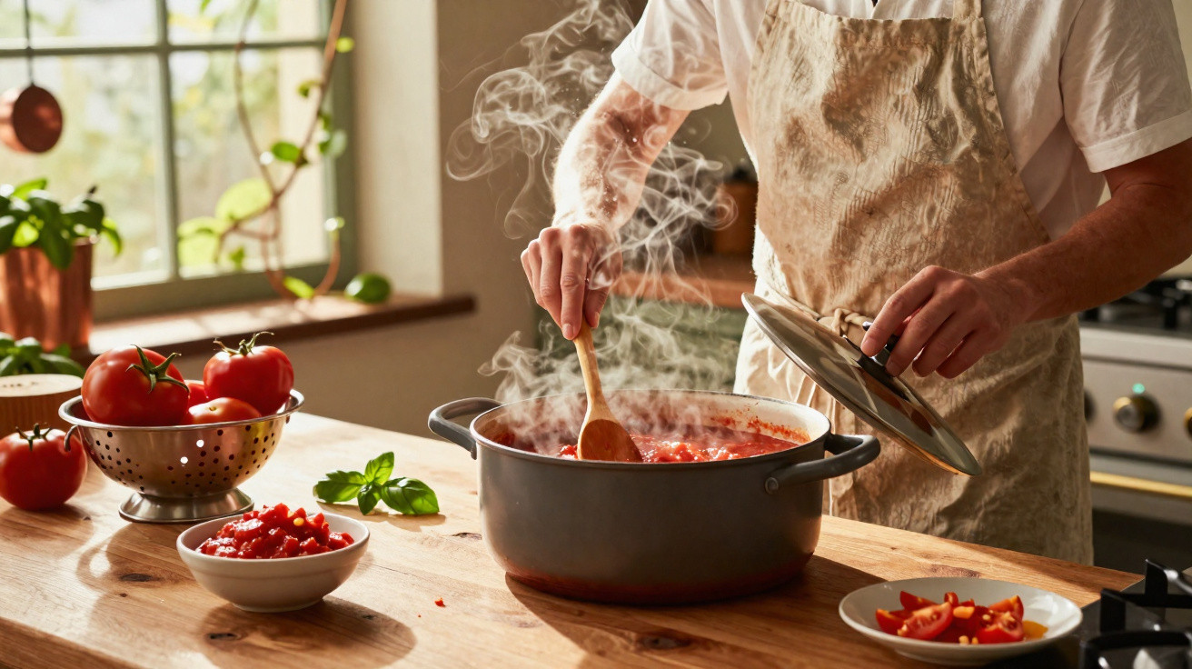 Pessoa a cozinhar molho de tomate numa panela com vapor numa cozinha iluminada pelo sol.