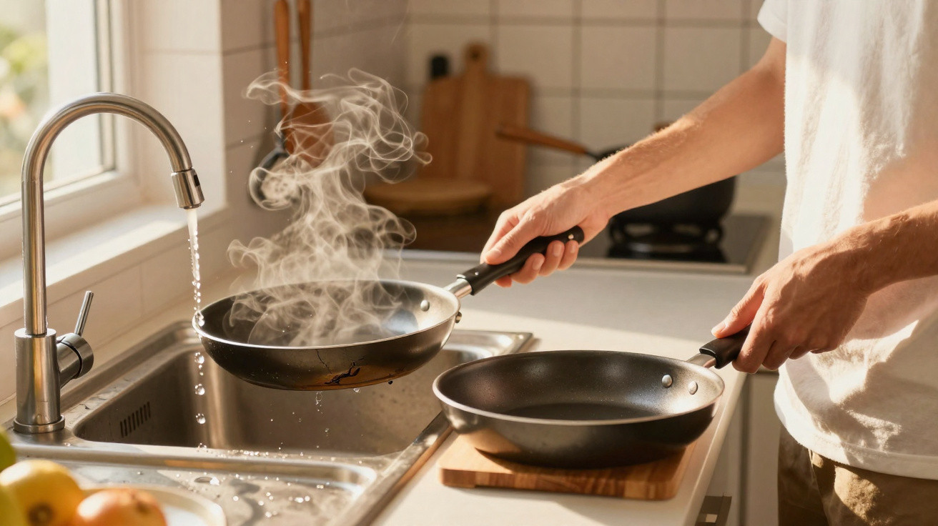 Pessoa a lavar frigideira fumegante na cozinha com torneira de água a cair junto à pia.