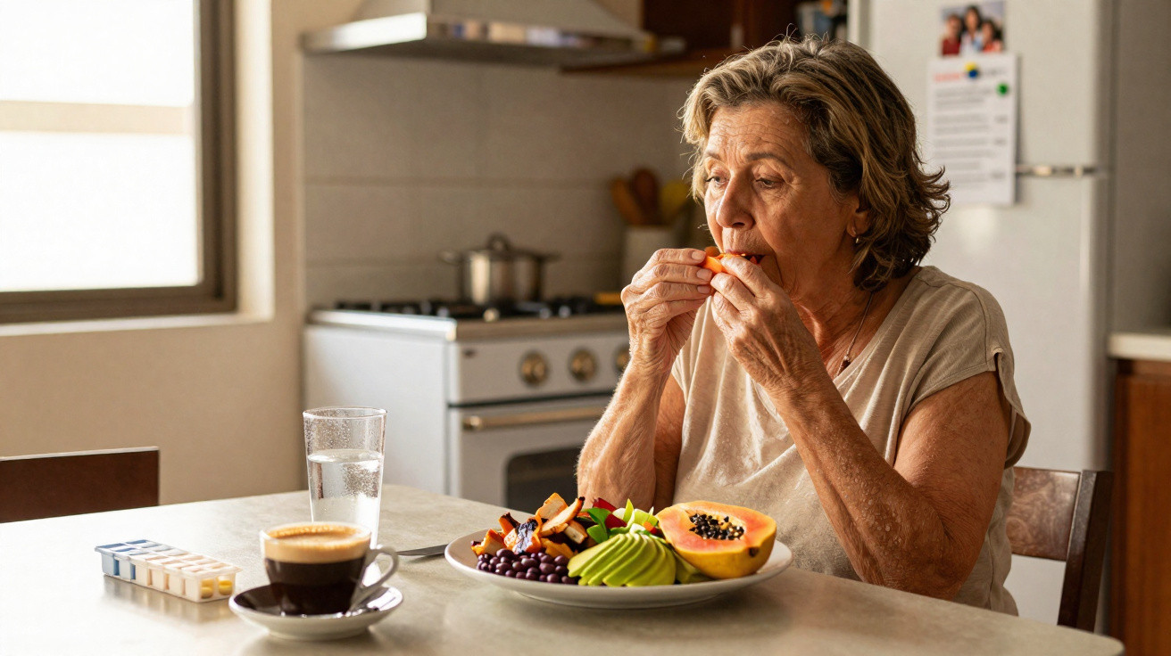 Mulher idosa a comer fruta na cozinha, com café, comprimidos e água na mesa.
