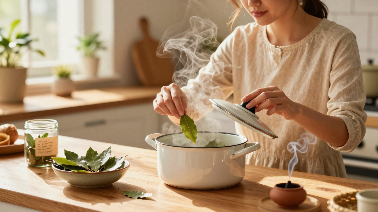 Mulher a cozinhar, adicionando folhas de louro a uma panela branca num ambiente de cozinha iluminado.