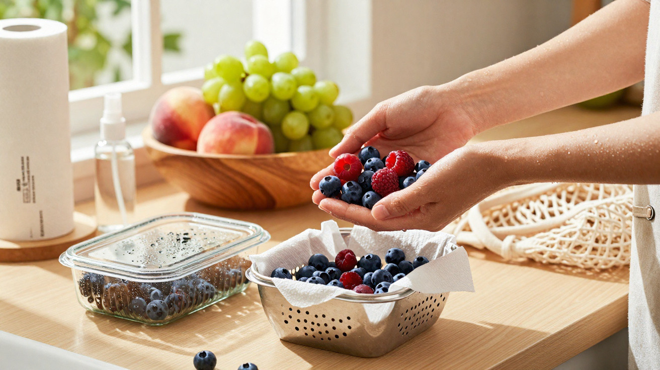 Mãos a segurar mirtilos e framboesas junto a um tabuleiro e taça com frutas frescas numa cozinha iluminada.