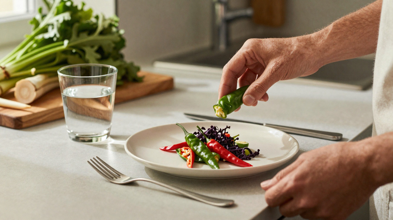 Mãos a colocar pimenta verde numa prato com folhas e pimentos numa cozinha iluminada.