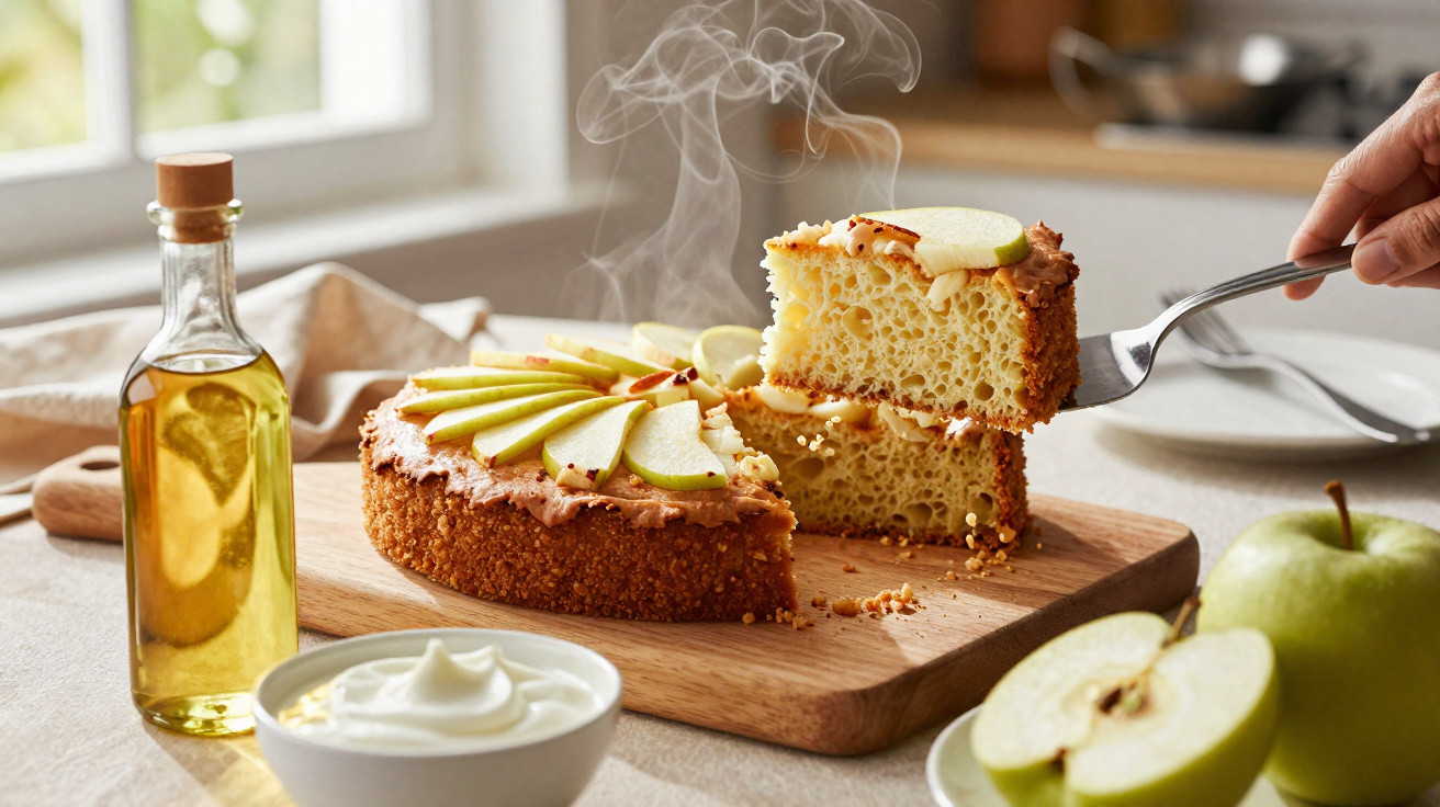 Bolo de maçã com cobertura e fatia a ser levantada, ao lado de maçã cortada, azeite e prato com natas.
