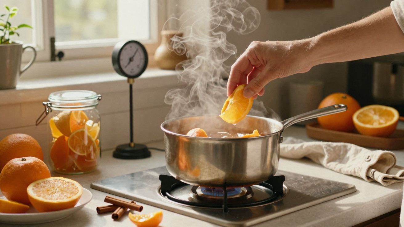 Mão a colocar gomos de laranja numa panela com vapor no fogão, ambiente de cozinha com especiarias.