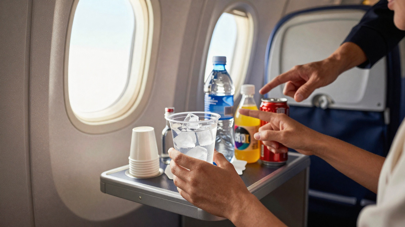 Mãos a escolher bebidas numa bancada de avião junto à janela, incluindo água, sumo e refrigerante.