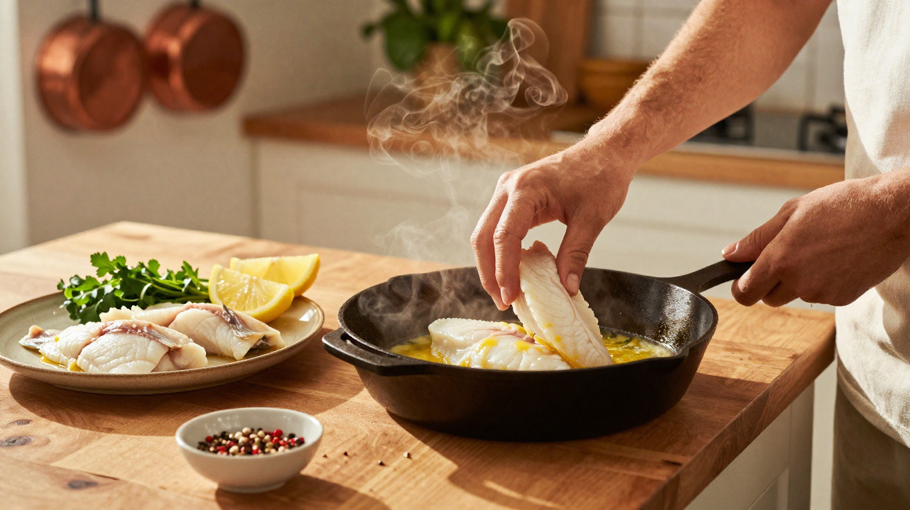 Mãos a cozinhar filetes de peixe numa frigideira com limão, ervas e especiarias numa cozinha acolhedora.