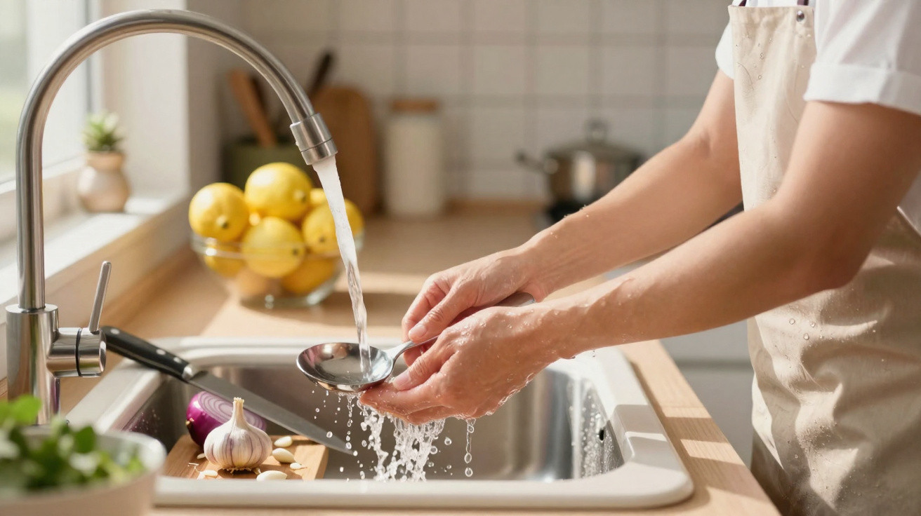 Pessoa a lavar uma colher na pia da cozinha com água corrente e utensílios ao fundo.