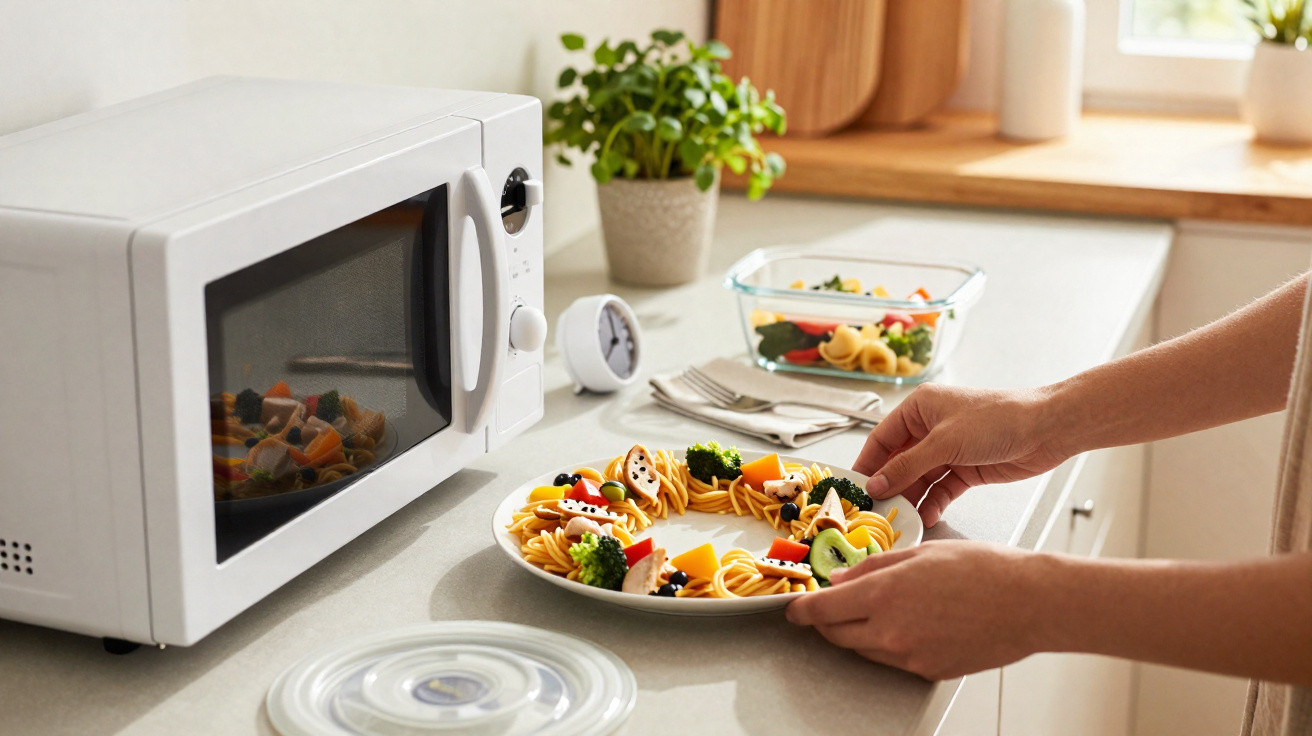 Pessoa a colocar prato com massa e legumes na bancada da cozinha junto a micro-ondas e plantas.