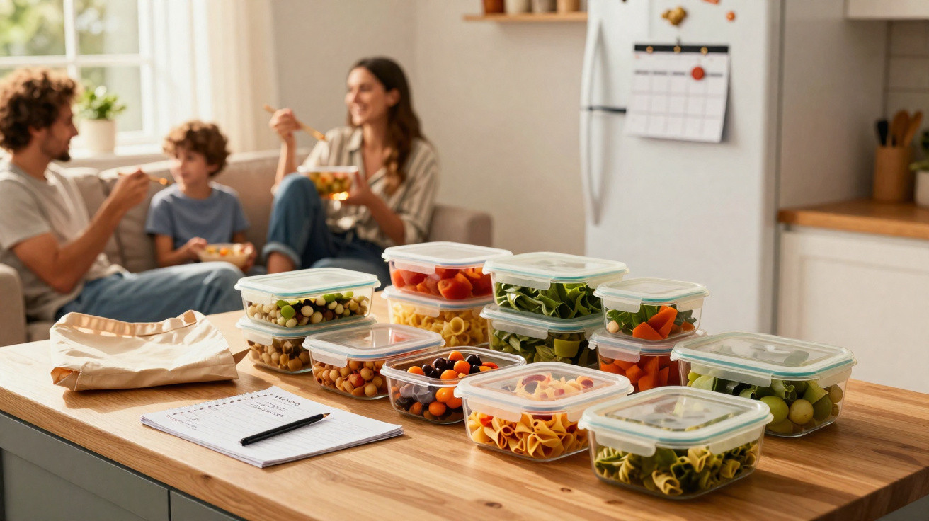 Mesa de madeira com recipientes plásticos cheios de legumes e frutas, família sorridente ao fundo.