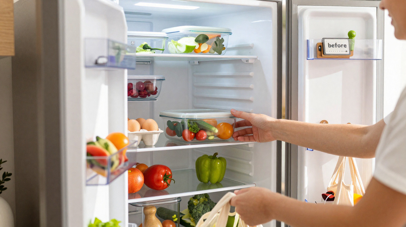 Mãos a guardar legumes frescos em tupperware dentro de frigorífico aberto com vários alimentos.