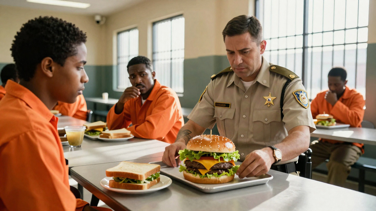 Guardião prisional a servir hambúrguer gigante a detido durante a refeição na cantina da prisão.