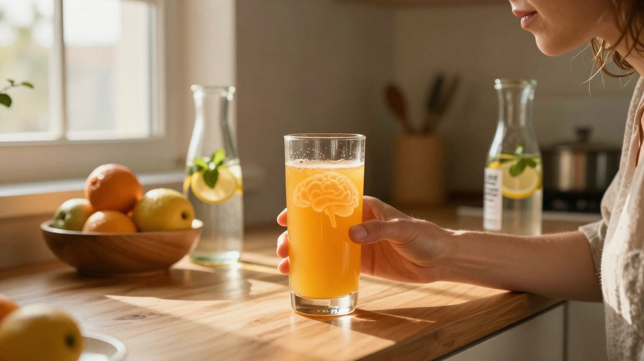 Pessoa segurando copo de sumo de laranja com cérebro desenhado, numa cozinha iluminada e luminosa.