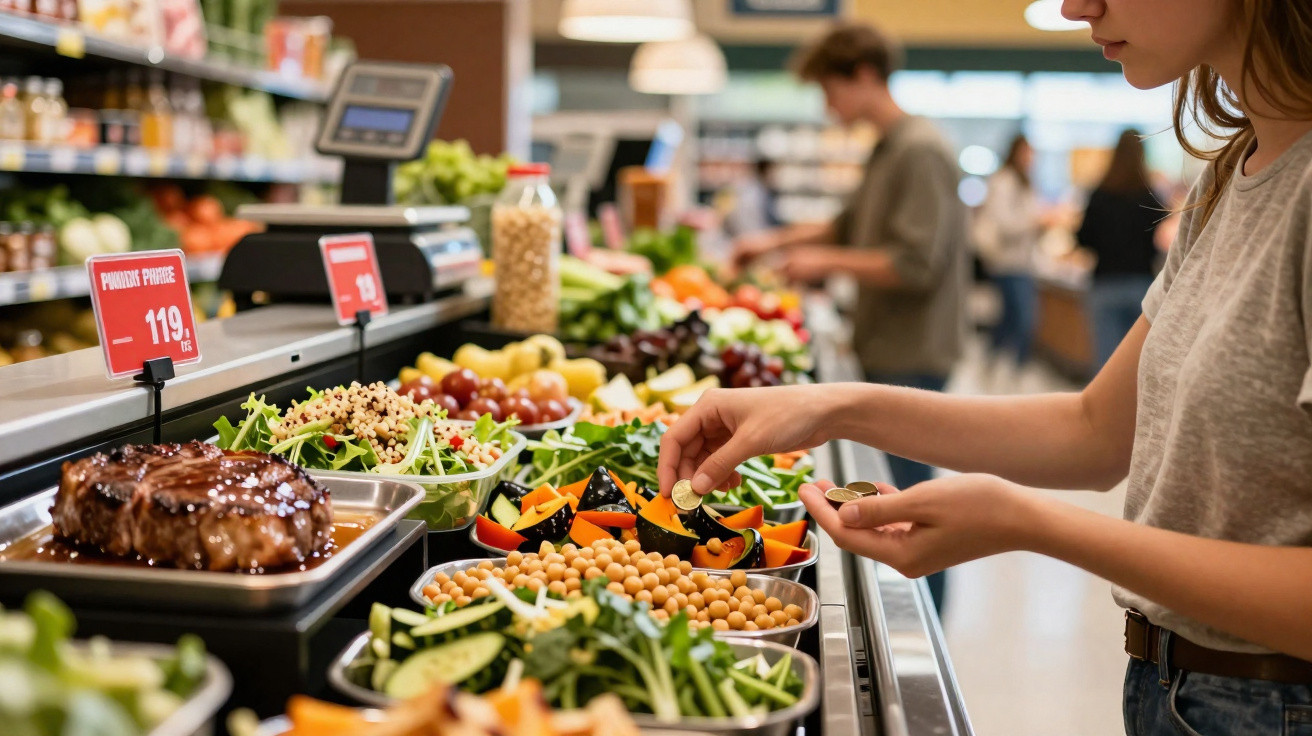 Mulher serve-se de salada num buffet de supermercado com várias opções de frutas e legumes frescos.