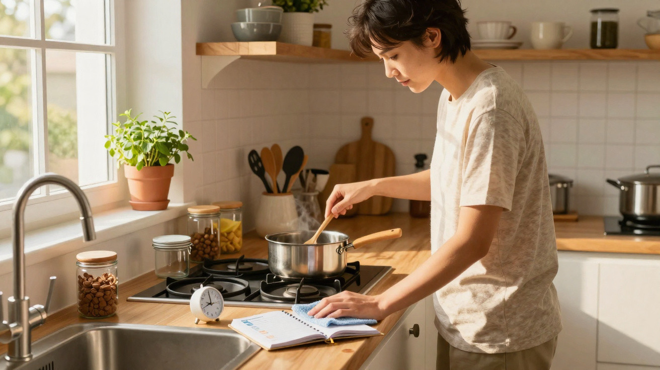 Pessoa a cozinhar no fogão enquanto consulta uma receita num caderno numa cozinha luminosa.