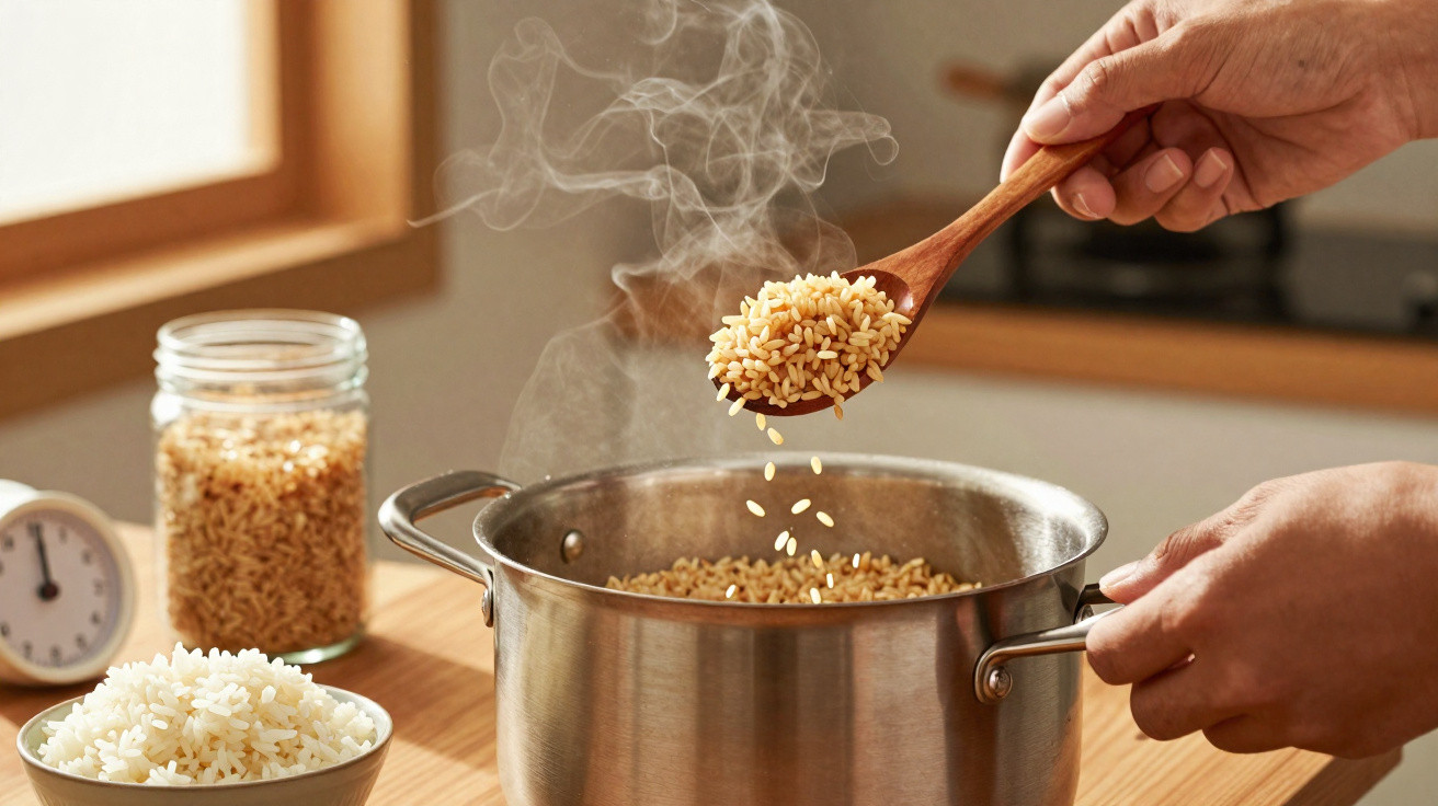 Mãos mexem arroz quente num tacho de inox com colher de pau, junto a frascos e prato com arroz cozido.