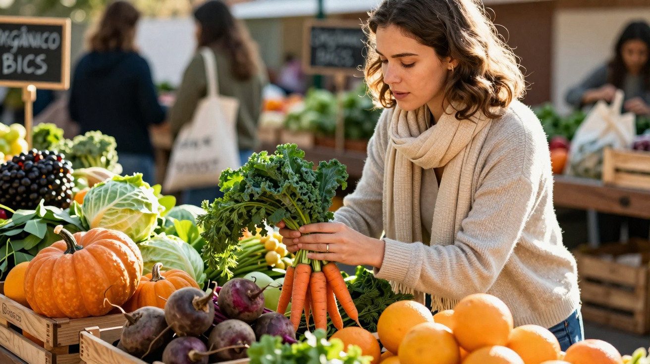 Mulher jovem a escolher cenouras num mercado ao ar livre com legumes frescos à sua volta.