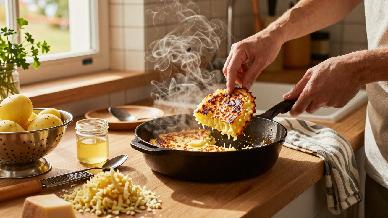 Mãos a virar um Rösti dourado e fumegante numa frigideira preta numa cozinha iluminada.