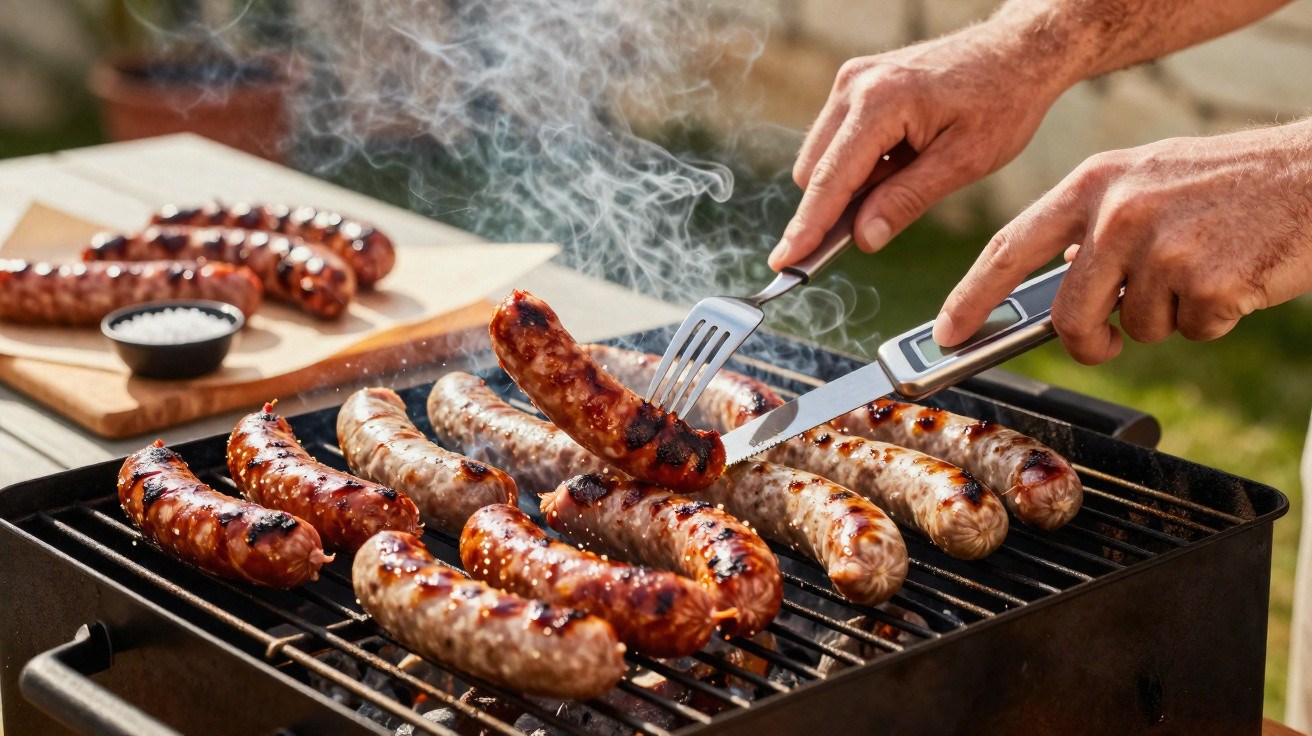 Mãos a virar chouriços num churrasco ao ar livre com vários chouriços a cozinhar na grelha e fumegantes.