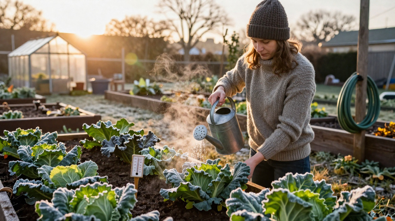 Mulher a regar plantas num jardim com regador metálico durante o inverno ao pôr do sol.