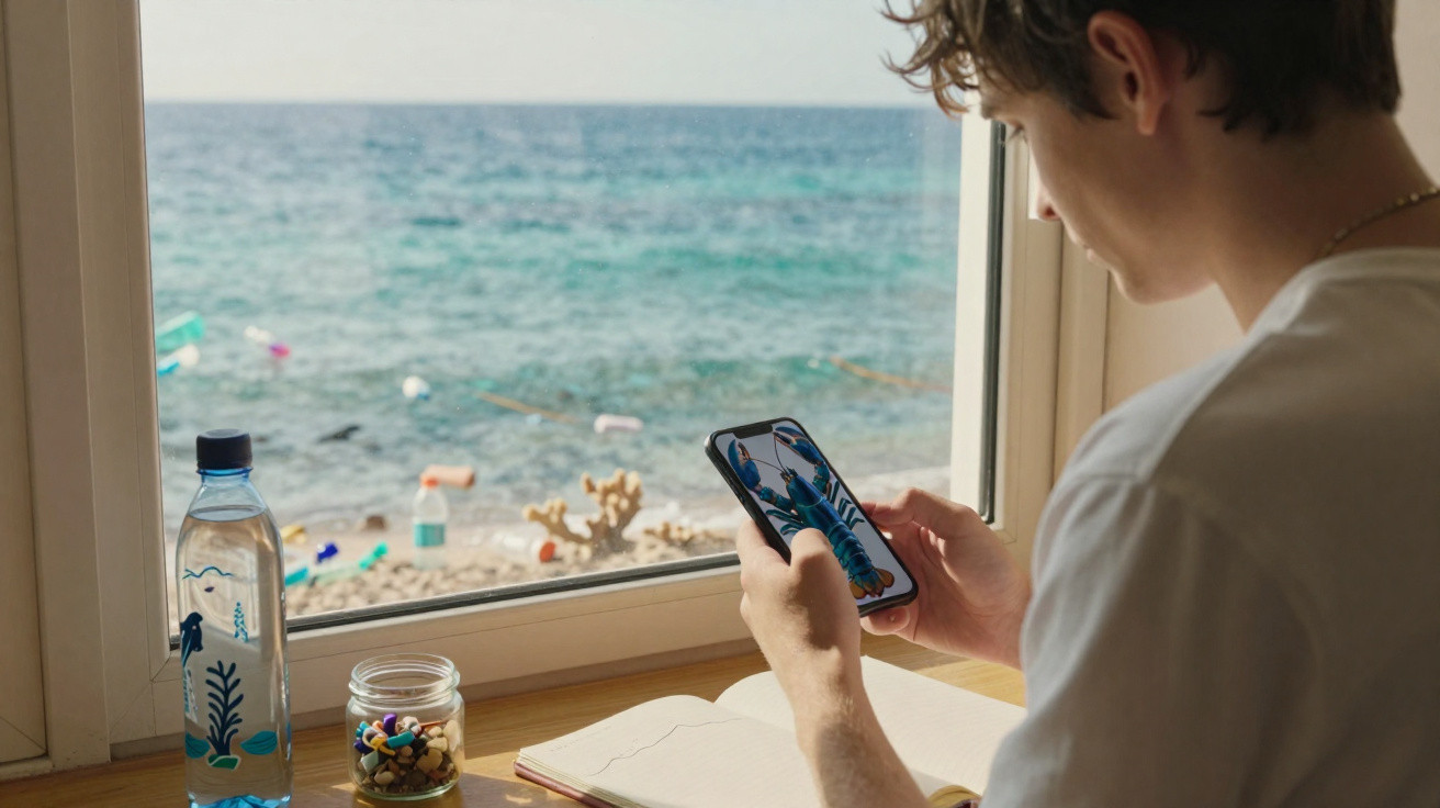 Homem sentado junto a uma janela com vista para o mar, olhando para um smartphone com imagem de um lagosta.