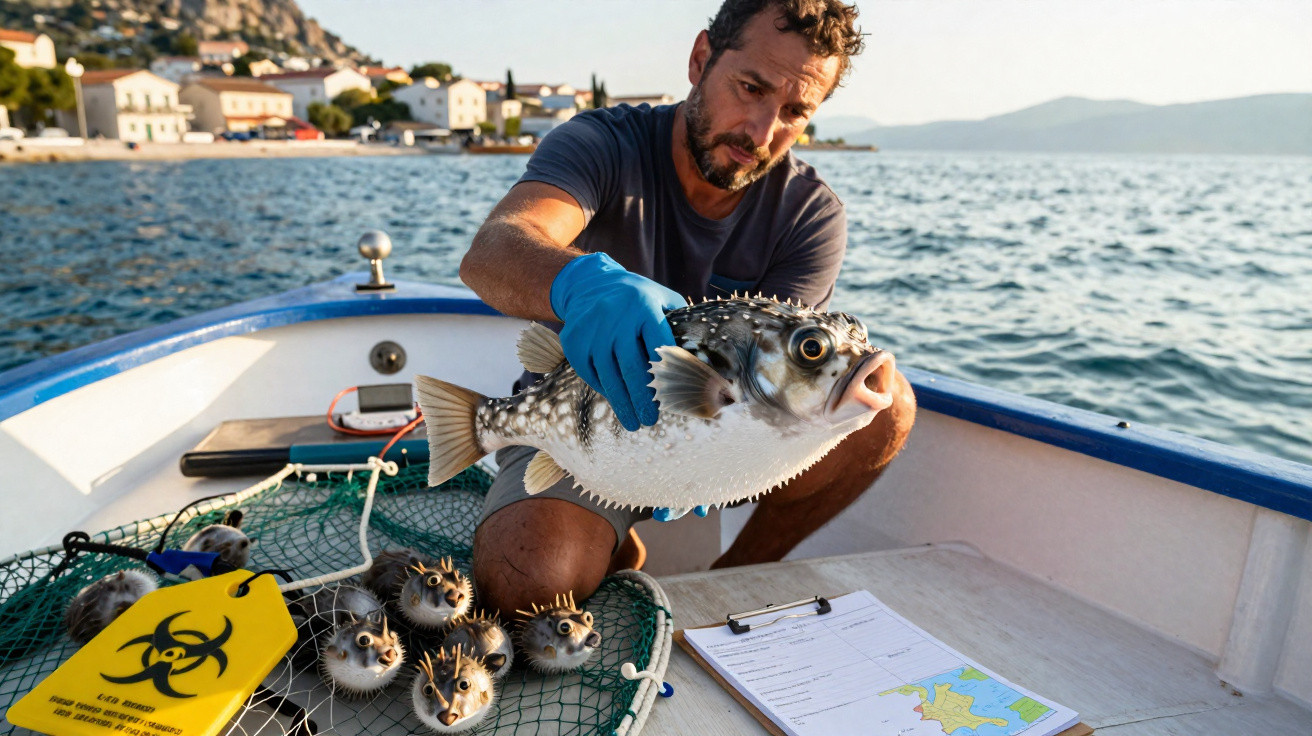 Homem num barco a segurar um peixe-balão grande com peixes menores dentro de uma rede no mar.