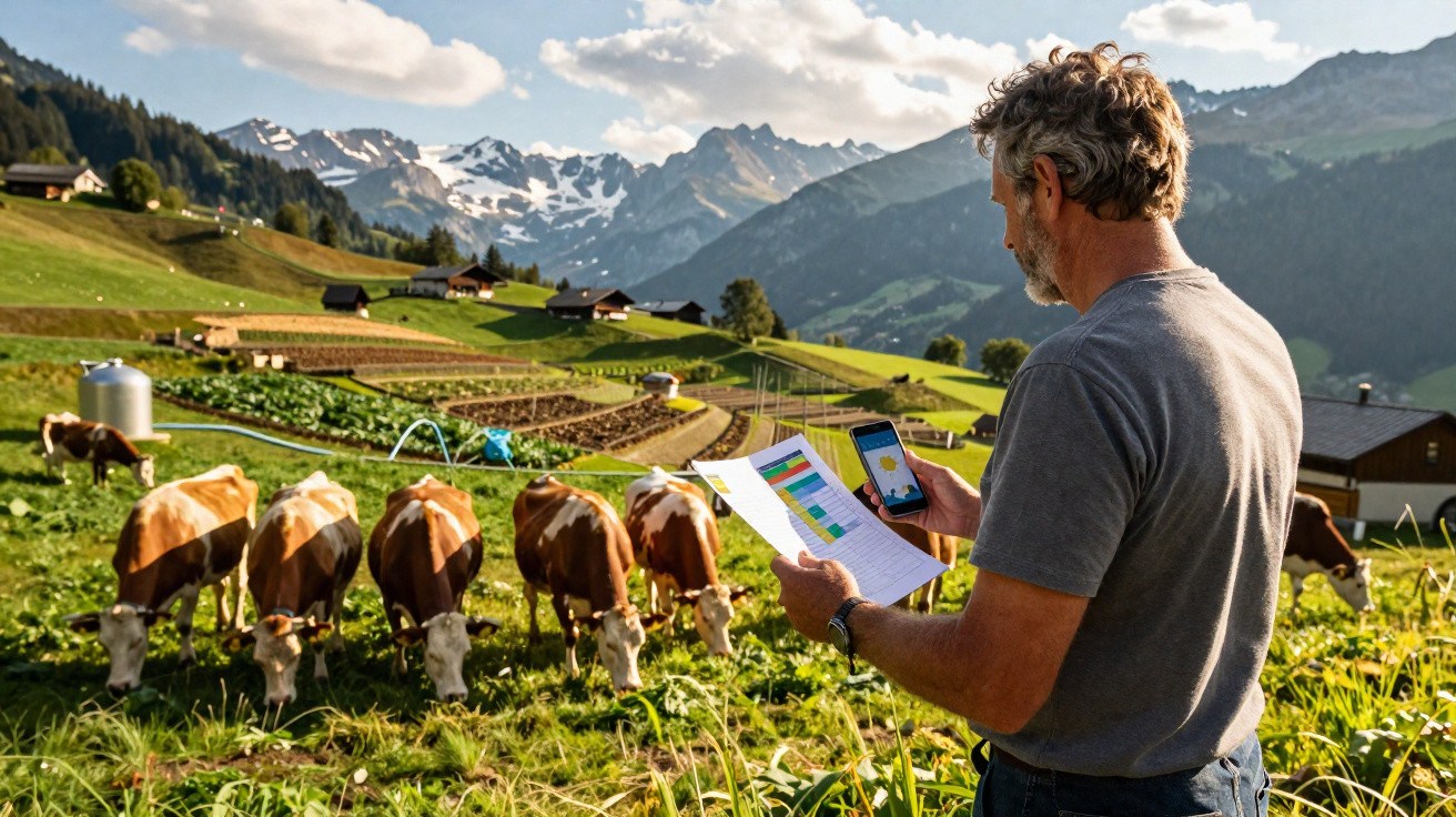 Homem rural com documentos e telemóvel observa vacas pastando numa paisagem montanhosa com campos cultivados.