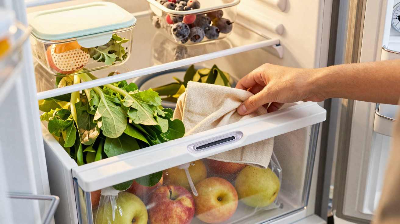 Mão a guardar saco de pano no frigorífico com maçãs, frutos vermelhos e verduras frescas.