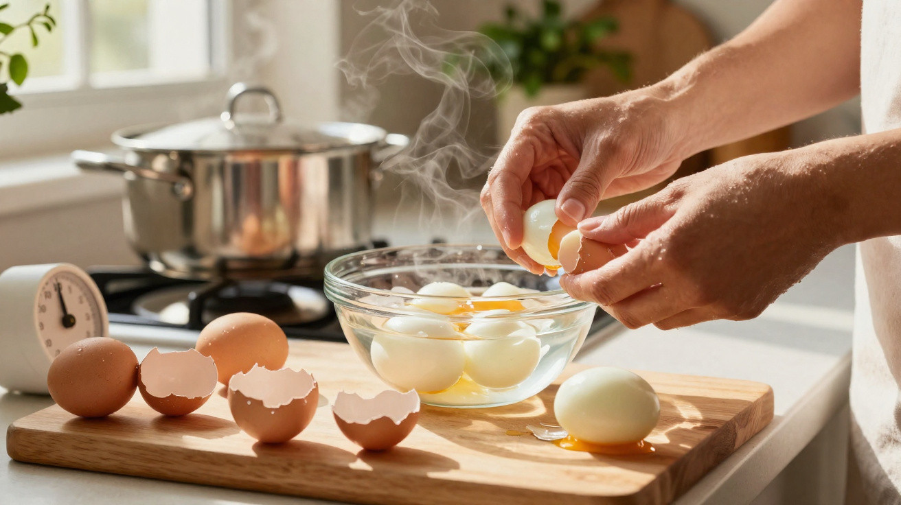 Mãos a descascar ovos cozidos com cascas e uma panela a vapor em fundo luminoso de cozinha.