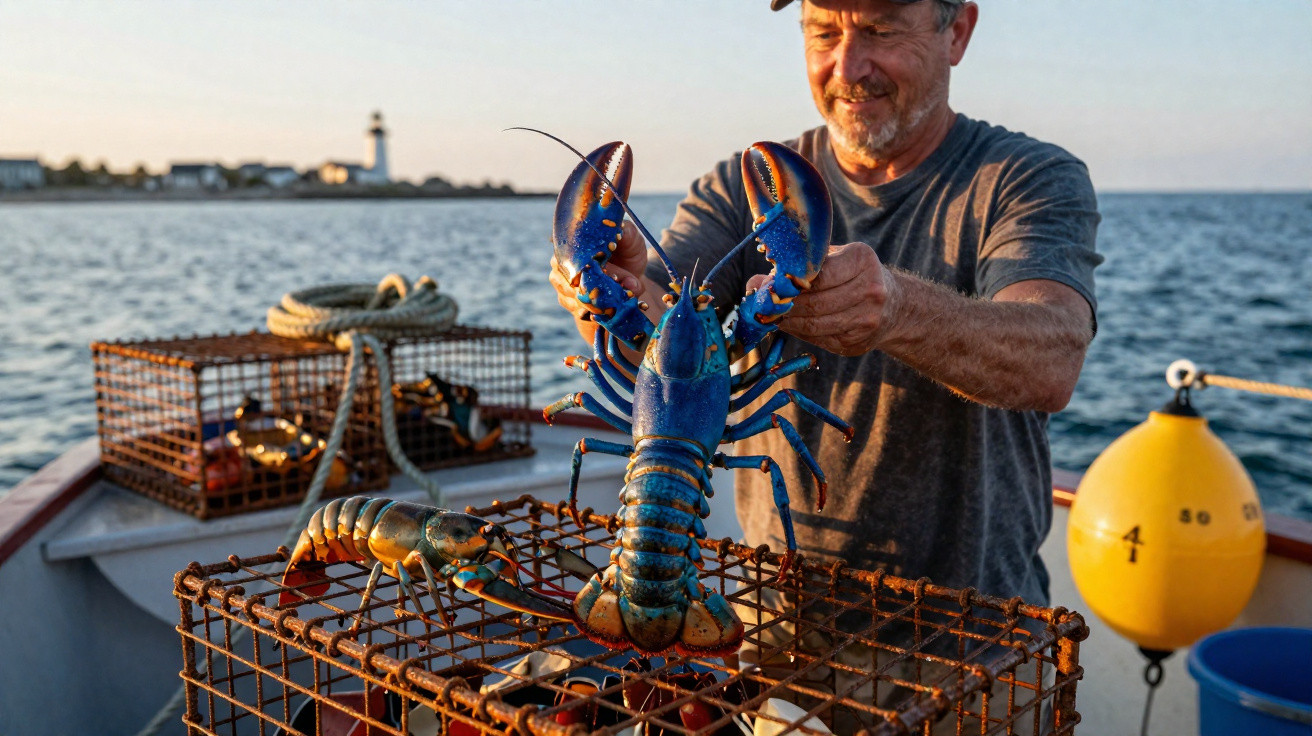 Homem a segurar uma lagosta azul no convés de um barco de pesca com armadilhas e mar ao fundo.