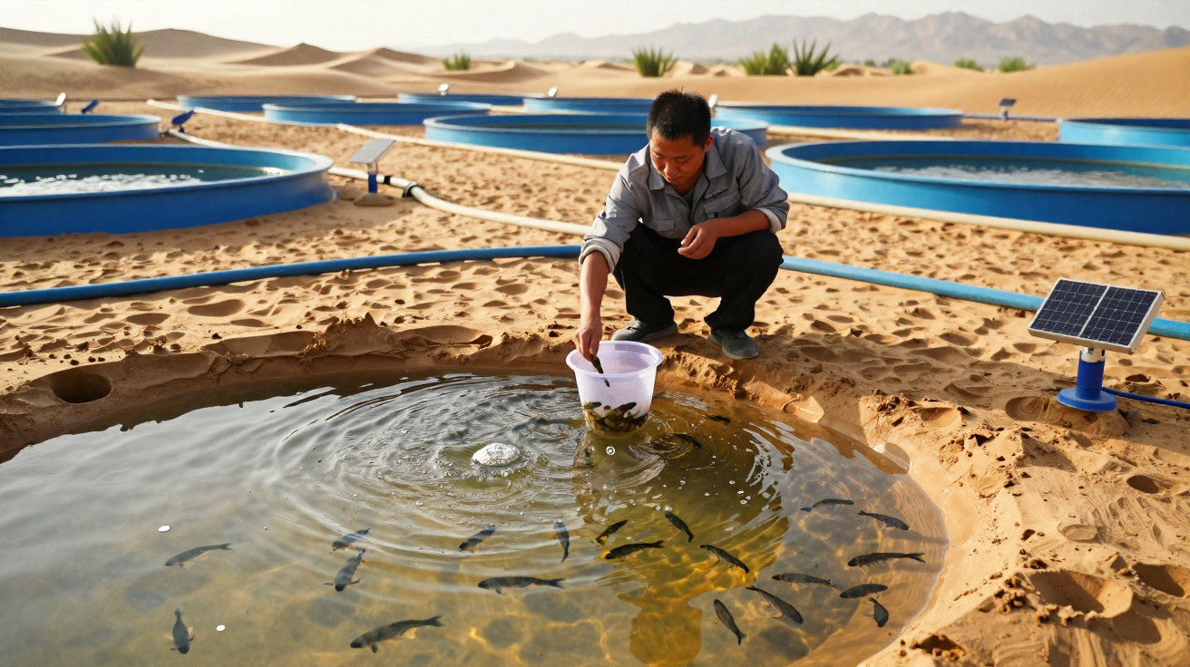Homem verifica tanque de peixes num sistema de aquicultura no meio do deserto com painéis solares.