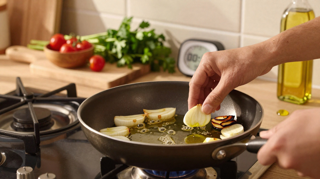 Mãos a colocar dentes de alho numa frigideira com óleo quente sobre fogão a gás numa cozinha.