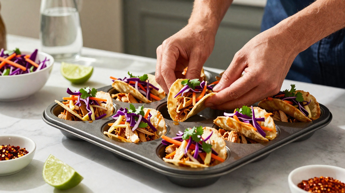 Mãos a montar pequenas tacos com frango e legumes numa forma de metal sobre bancada branca.