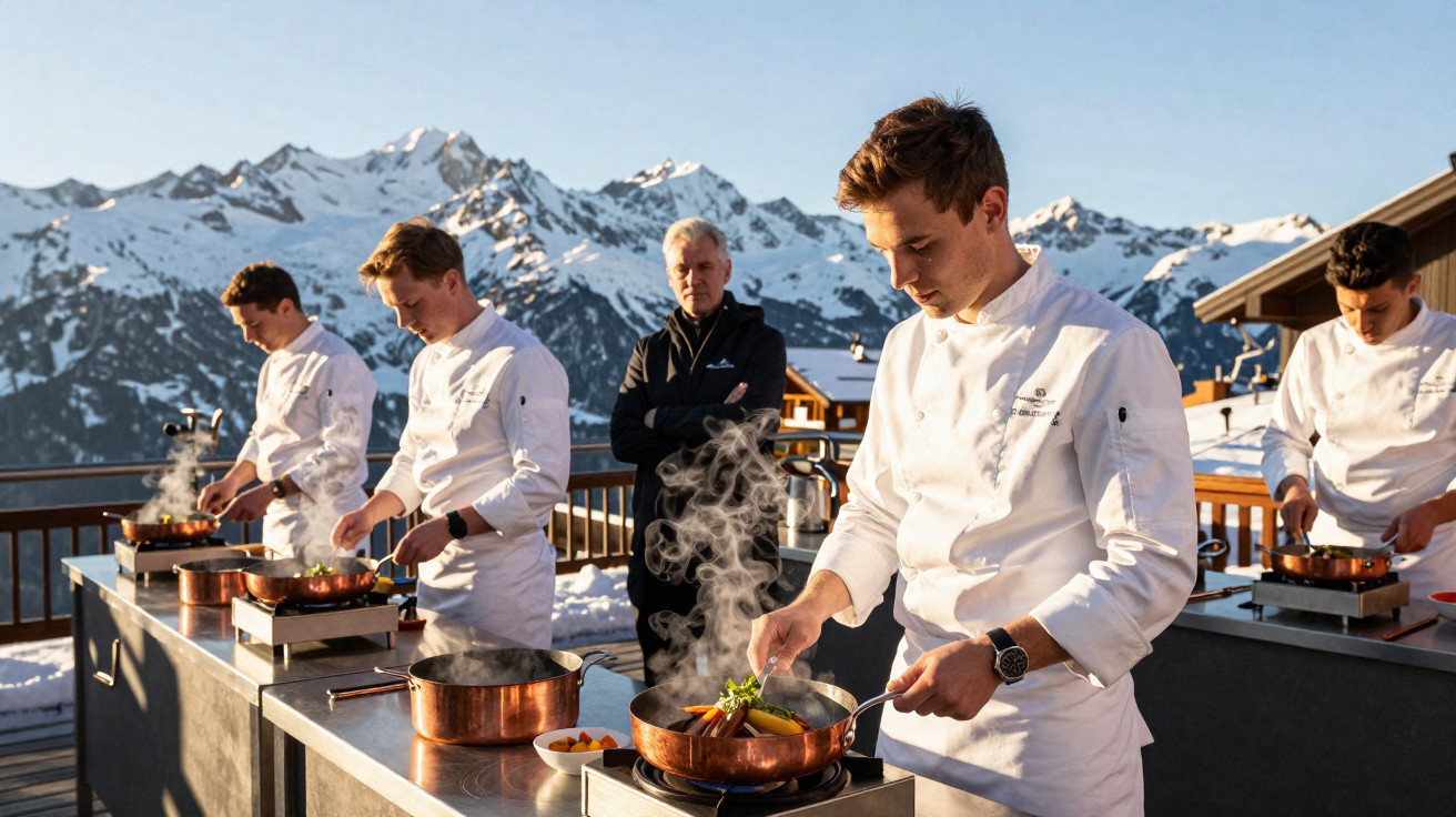 Quatro chefs jovens cozinham ao ar livre com neve e montanhas ao fundo, enquanto um homem mais velho observa.