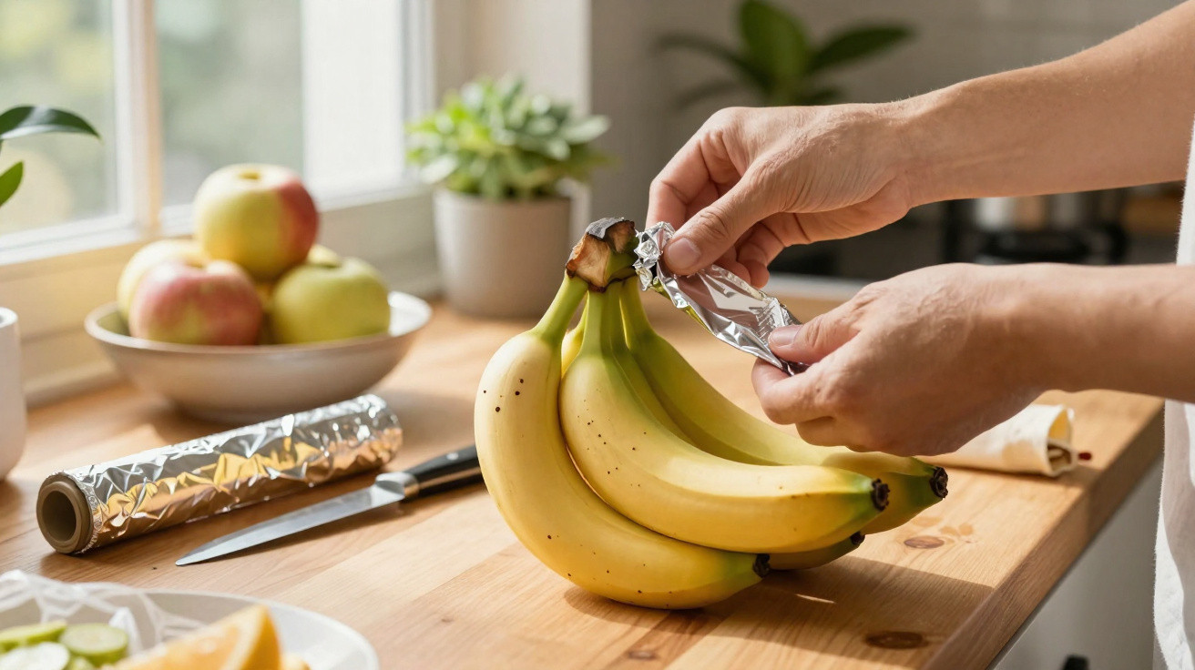 Mãos a cobrir um cacho de bananas com papel de alumínio numa cozinha iluminada.