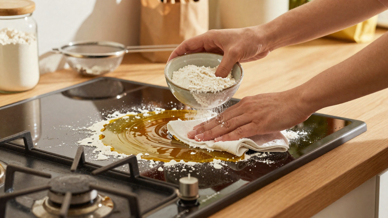 Pessoa a limpar fogão de vidro com pano branco e farinha para absorver óleo derramado na cozinha.