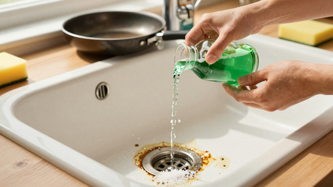 Mãos a despejar detergente verde na pia da cozinha para limpar resíduos de gordura.