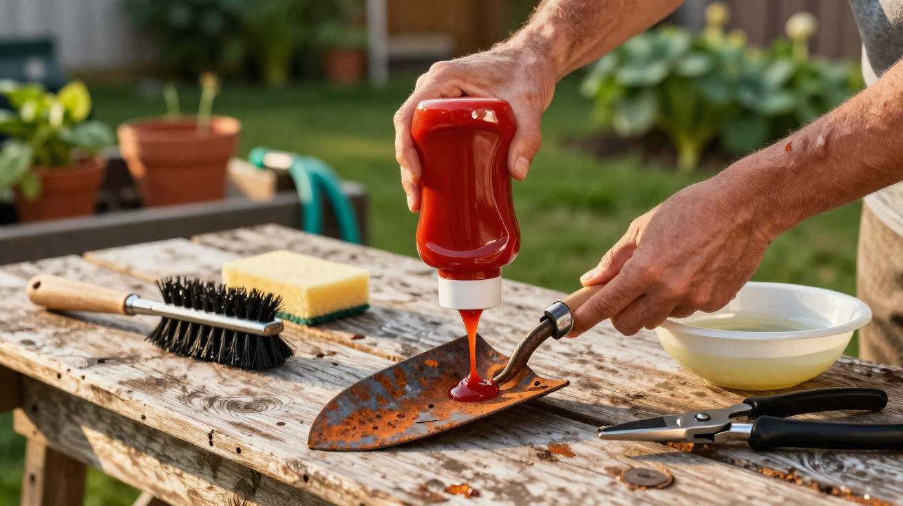 Pessoa a aplicar molho de tomate numa pá enferrujada numa mesa de madeira com utensílios de limpeza.